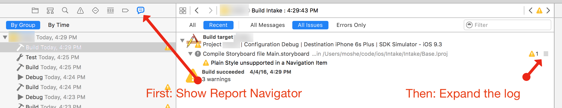 A screenshot of Xcode's report navigator with a collapsed log.