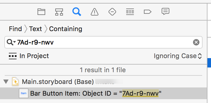 A screenshot of a storyboard identifier pasted into Xcode's project-wide search box.