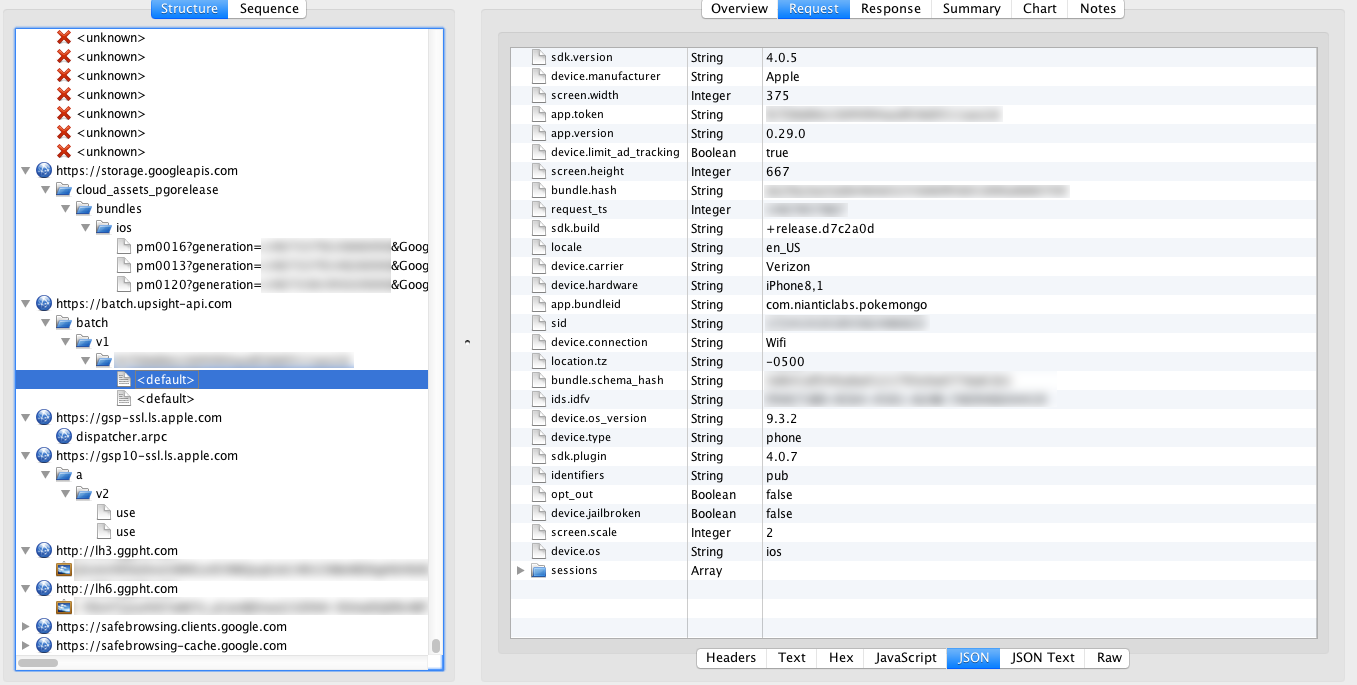 A screenshot of Charles Proxy showing an upload to Upsight Analytics.